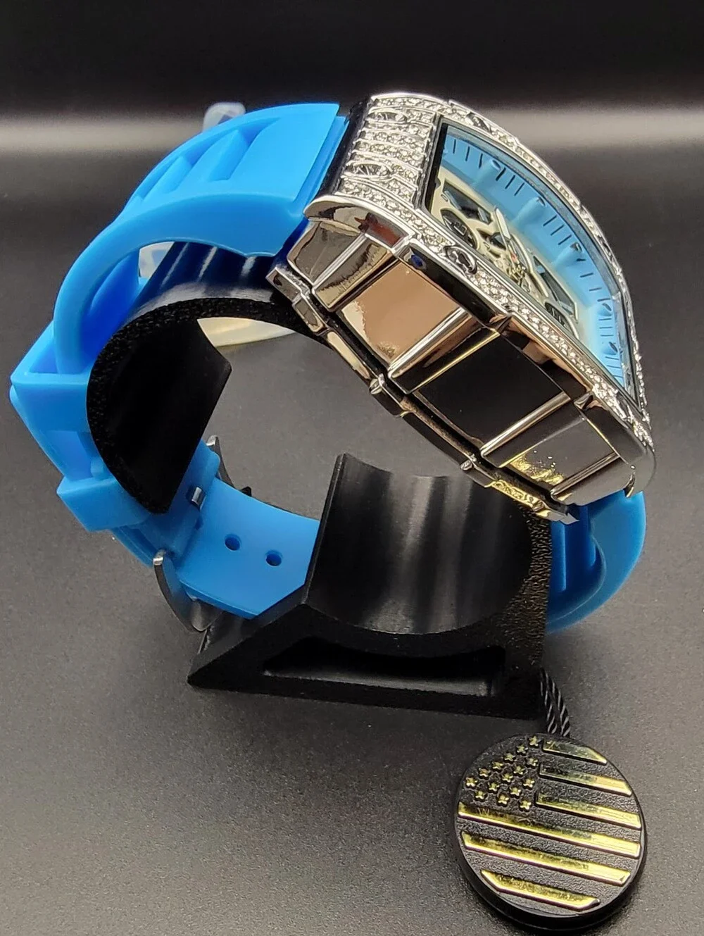 NWT Mens AJ Brand Blue Skeleton Diamond Style 41.5mm Watch Silicone Band w/Date